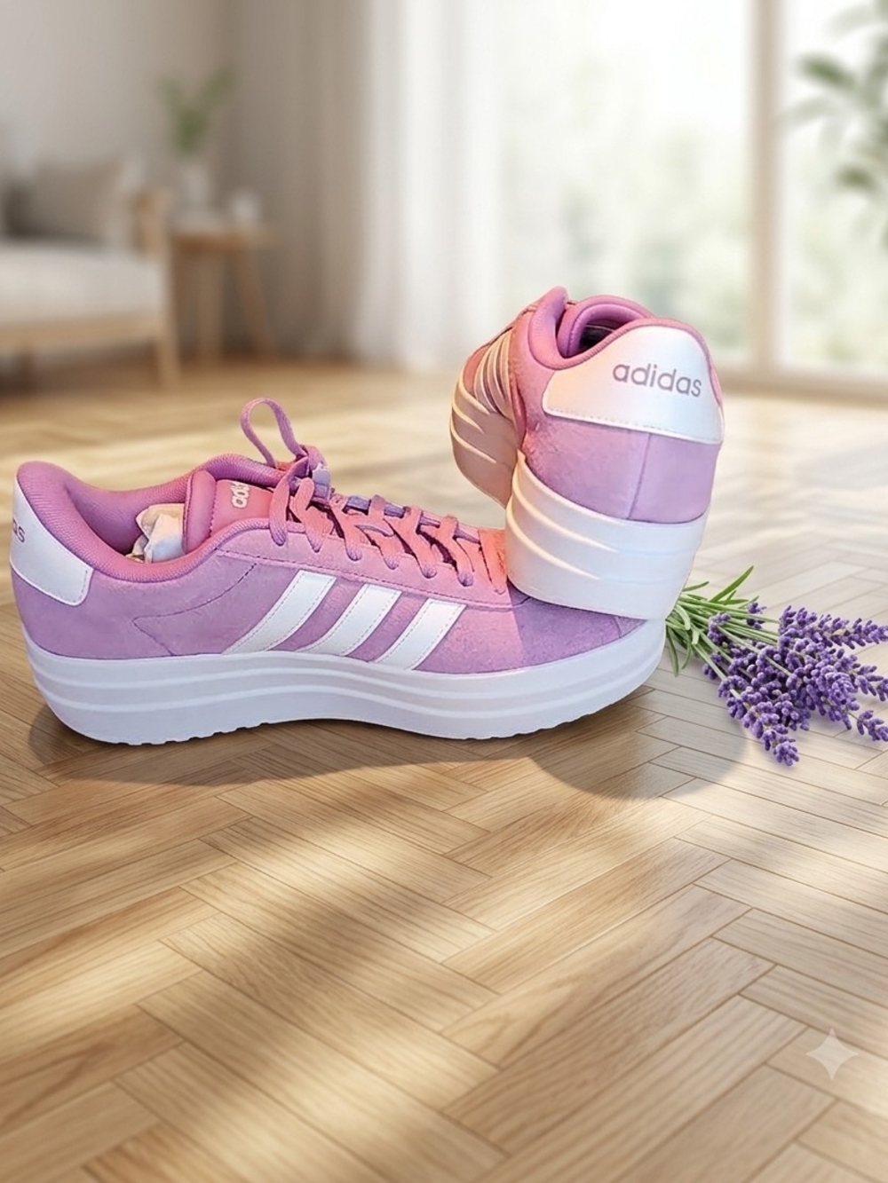 Adidas Lavender Pink Platform Sneakers with White Stripes